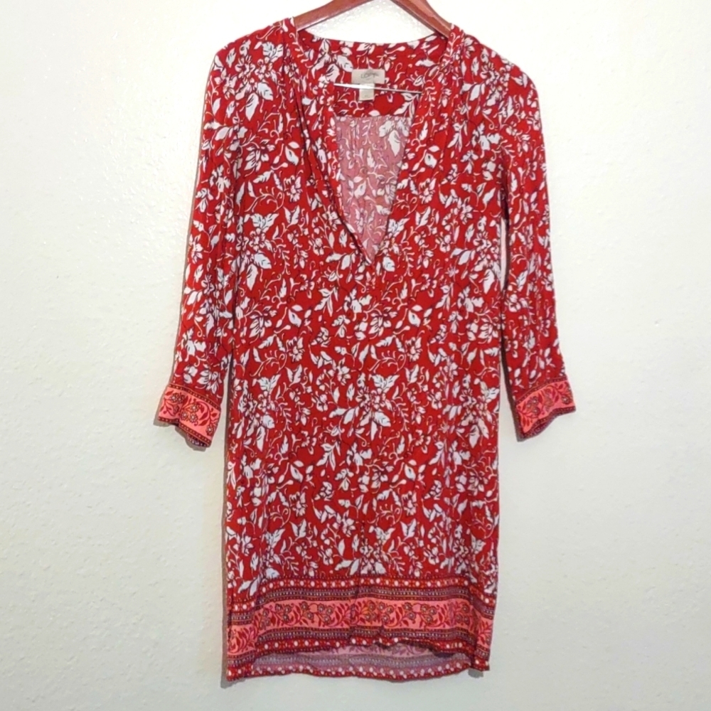 SLIGHTLY USED LOFT OUTLET RED FLORAL DRESS SIZE XS MISSING BELT